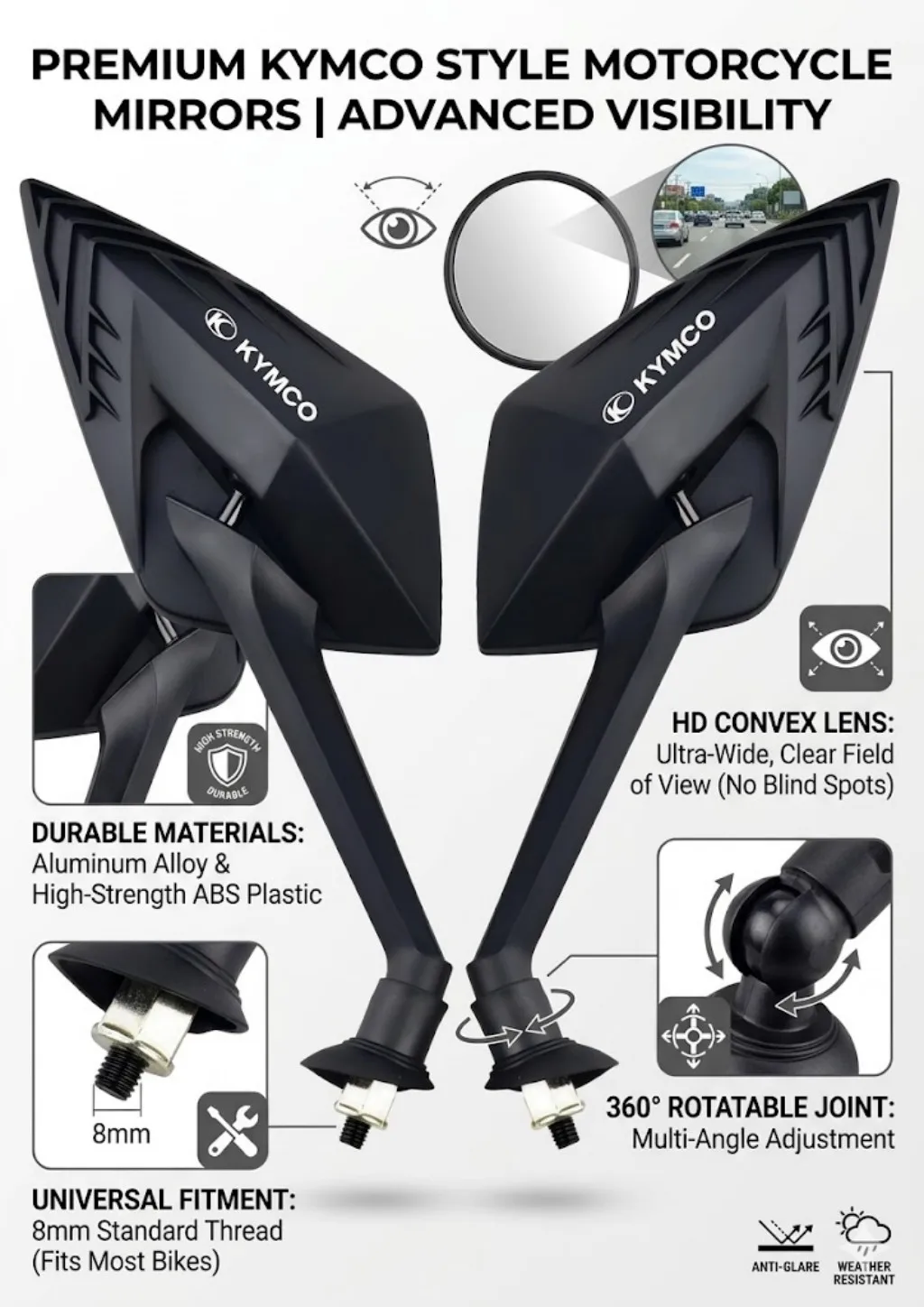 New Motorcycle side-view mirror For KYMCO Xciting 250 300 400 AK550 CT250 CT300 S400 DOWNTOWN High Quality Motorcycle Mirrors