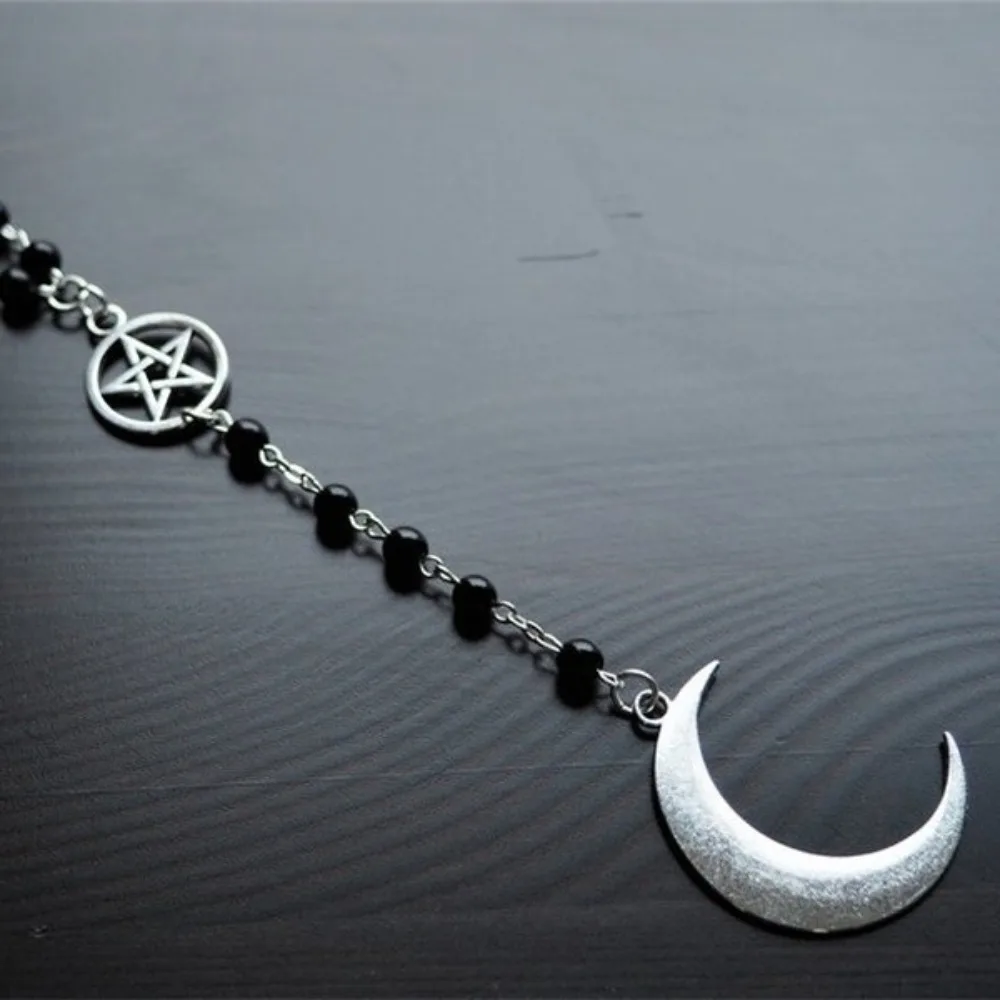 Charm Gothic Crescent-shaped Long Tassel Five-pointed Star Pendant Black Bead Chain Necklace for Women Halloween Heathen Jewelry