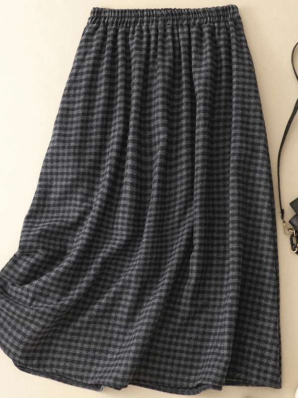 Autumn Winter Plaid A-Line  Skirt Medium Length Woolen Skirt Sweet Style Commute Korean Version High Waist Elastic Waist