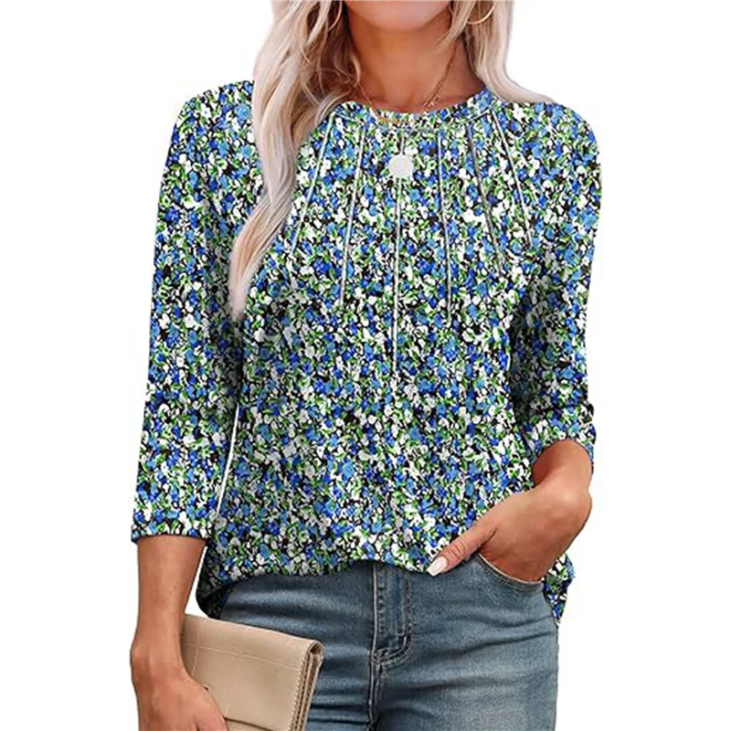 

НОВЫЕ женские топы с рукавами 3/4, повседневные топы-туники с круглым вырезом, базовые плиссированные рубашки, свободный крой, 2025 г.