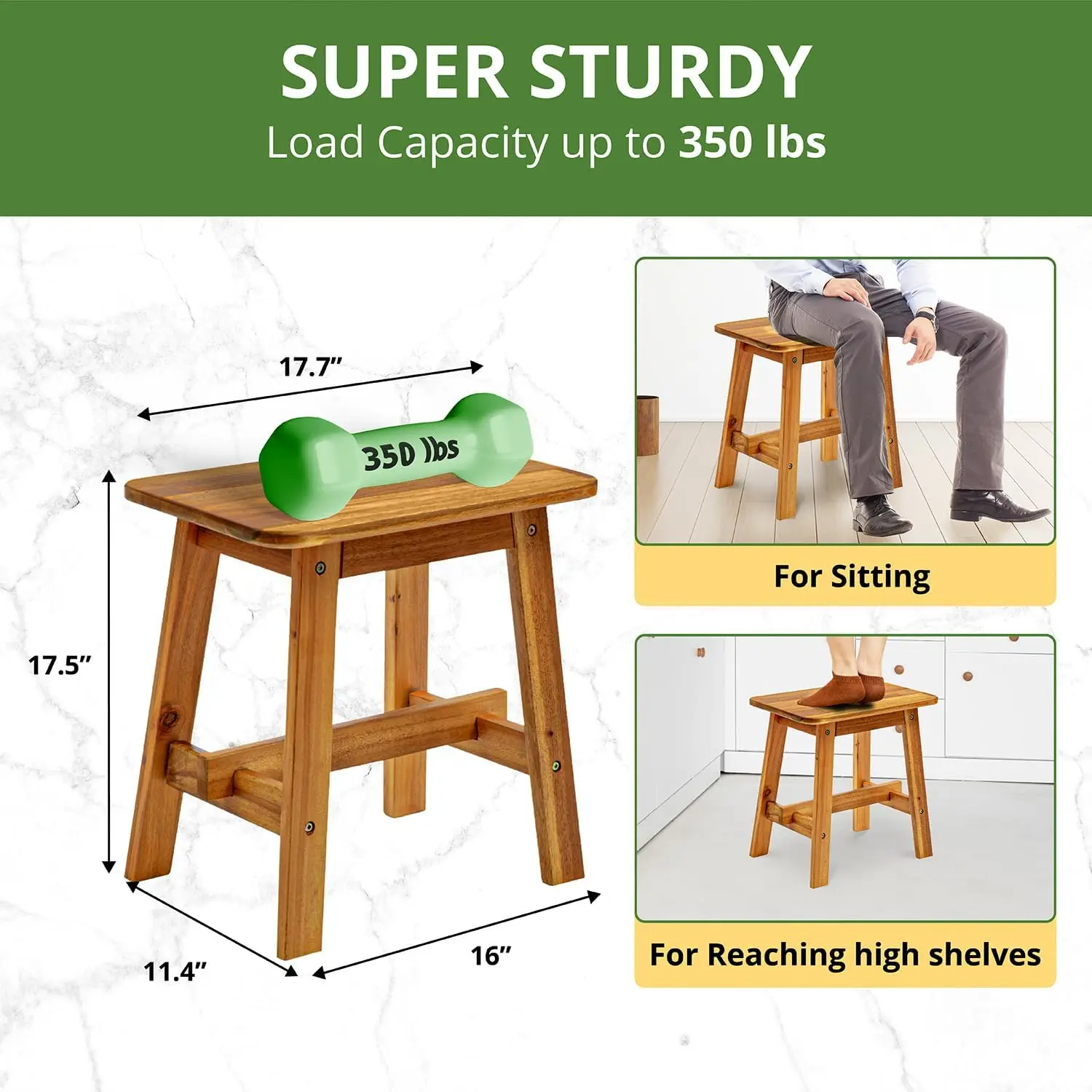 Rectangular Acacia Wood Stool, Small Bench Seat, 18 Inch Stool, Wood Bathroom Stool, Plant Stools Indoor, 350 LBS Load