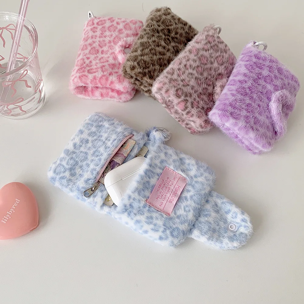 Girl Plush Leopard Pattern Card Bag Zipper Coin Purse High Beauty Bag Pendant Small Wallet Student Meal Card Holder Id Holder