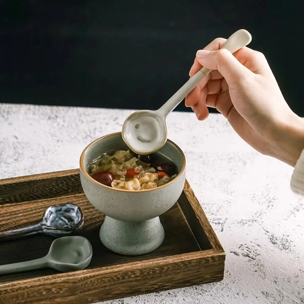 4PCS Irregular Long Handle Japanese Rustic Pottery Spoon Under-glaze Painting Handmade Soup Spoon Vintage Non-slip Back