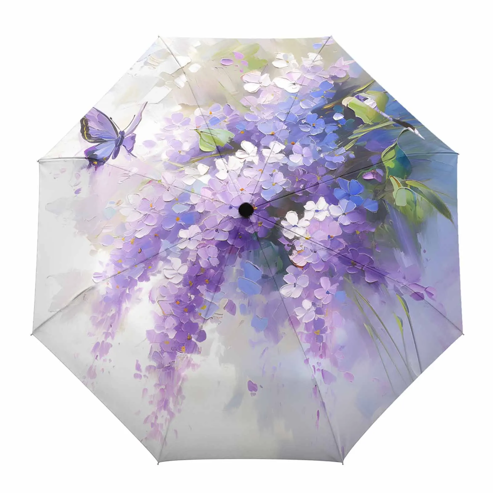 Oil Painting Purple Lavender Butterfly Automatic Umbrella Portable Folding Sunny and Rainy Umbrella Women Parasol Umbrella