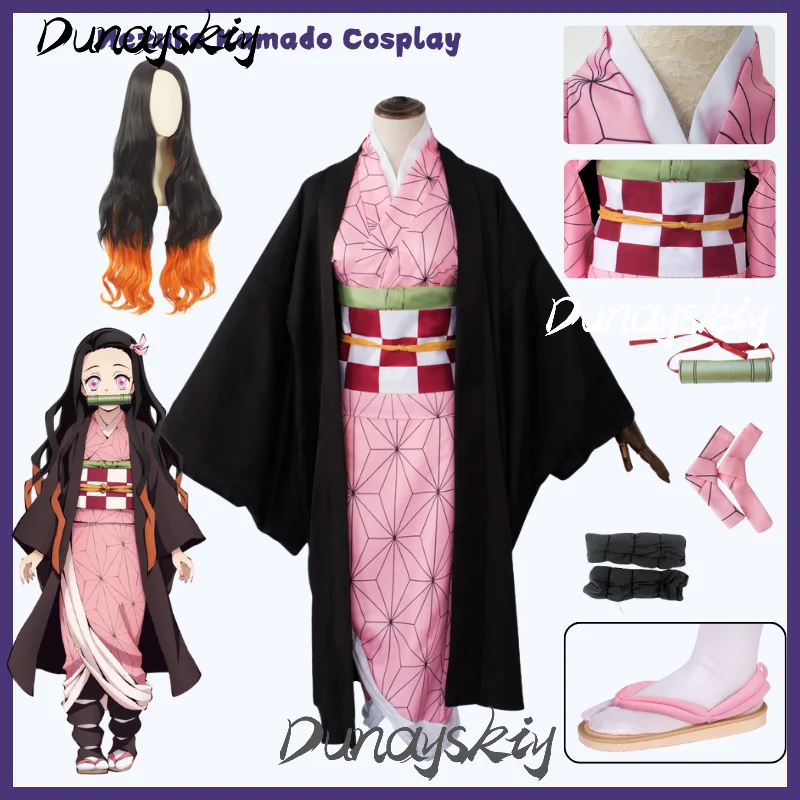 Nezuko Komado Cosplay Costume Anime Bamboo Girl Uniform Wig Shoe Sandal Halloween Dress Party Outfit Costumized