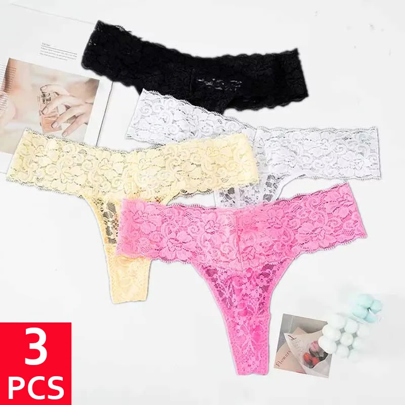 3PCS Lace Floral Women Panties Low Waist Breathable Briefs Female Thong Underwear M-2XL Solid Sexy G-String Transparent Panty