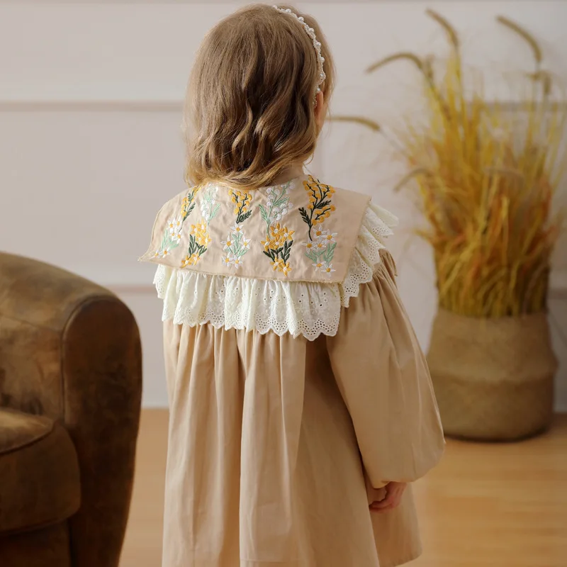 Casual Dresses For Girls Autumn Floral Embroidery Long Sleeve Children\'S Clothing Fashion Elegant Kids Princess Dress 2-7 Years