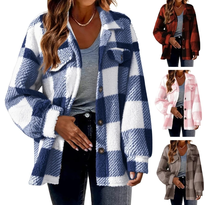 Womens Flannel Plaids Shacket Long Sleeve Button Down Shirts Lapel Collar Oversized Loose Fleece Coat Outerwear