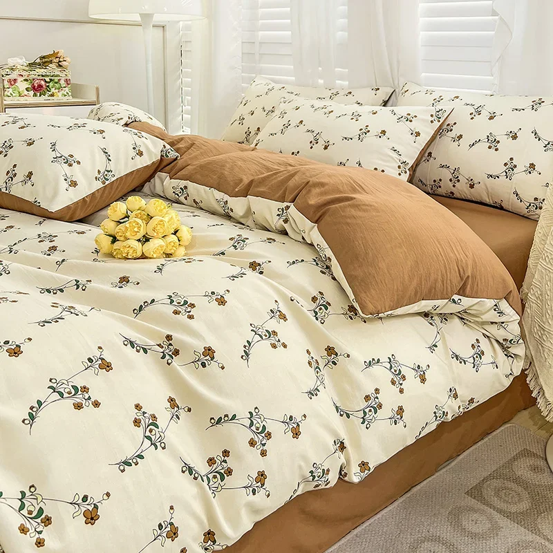 

Floral Printed Bedding Set Queen/King Size Skin-friendly Washed Cotton Bed Sheet Set For Double Bed 이불세트 Single Bedclothes