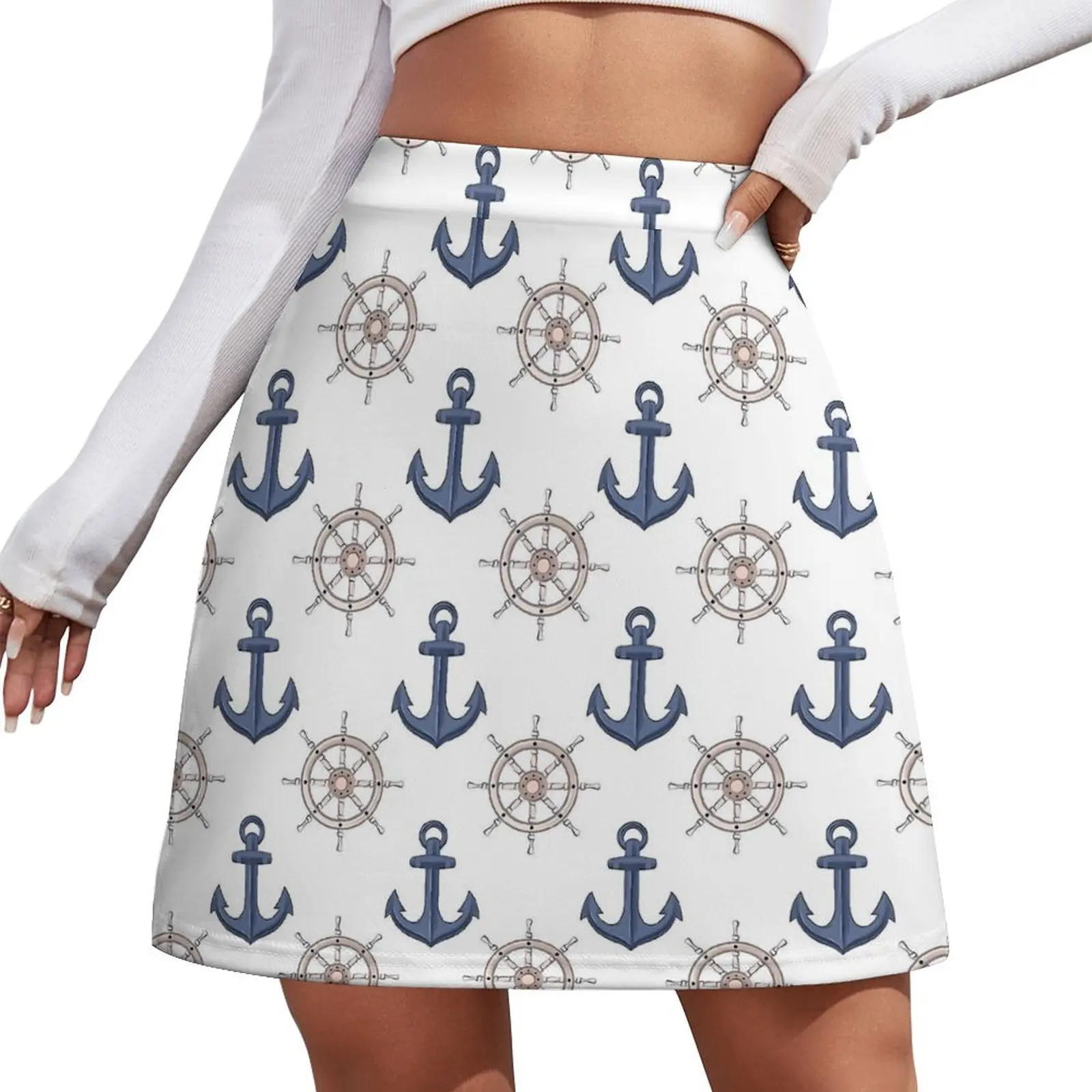 

White Classic Nautical Summer Anchor Skirt Korean Fashion Casual Skirts Women Vintage Mini Skirt Pattern Bottoms Gift