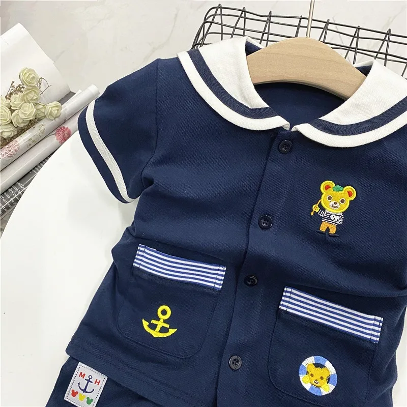 Zomer Nieuwe Kids Sets Tweedelige Broek Met Korte Mouwen Japanse Kinderkleding Nieuwe Marineblauwe Stijl Teddybeer Vest Set