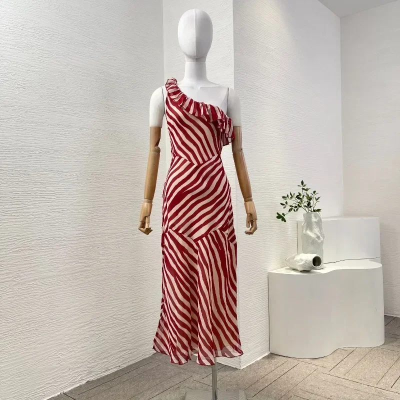 New Fashion Red White Striped High Quality Silk Bias Cut Striped Off Shoulder Women's Midi Dresses for Party