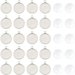50 sets Pendant Cabochon Jewelry Sets Stainless Steel Bezel Pendant with Clear Glass Cabochon Half Round Trays Pendant Blanks