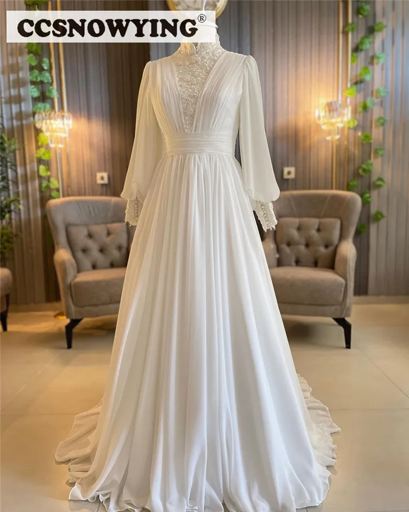 

Long Sleeve Muslim Wedding Dresses for Bride Chiffon Appliques High Neck Islamic Bridal Gown Arabic Dubai Hijab Robe De Mariée