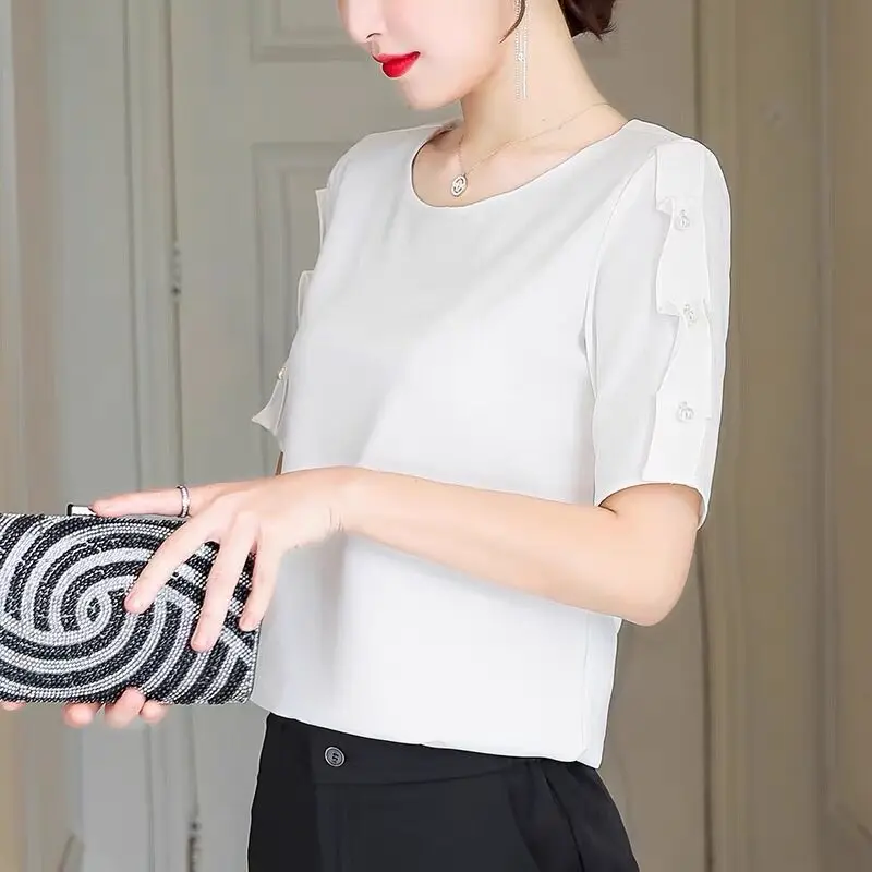 夏の女性のための半袖シフォンシャツ新しい韓国ファッション OL ミッドスリーブシャツファッショナブルなデザインプロフェッショナルトップ