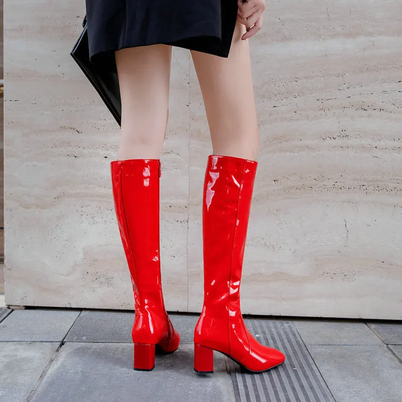 Women Boots Fashion Women BootsWhite Red Knee High Boots For Women Patent leather knee-high boots with high heels High Heel Shoe