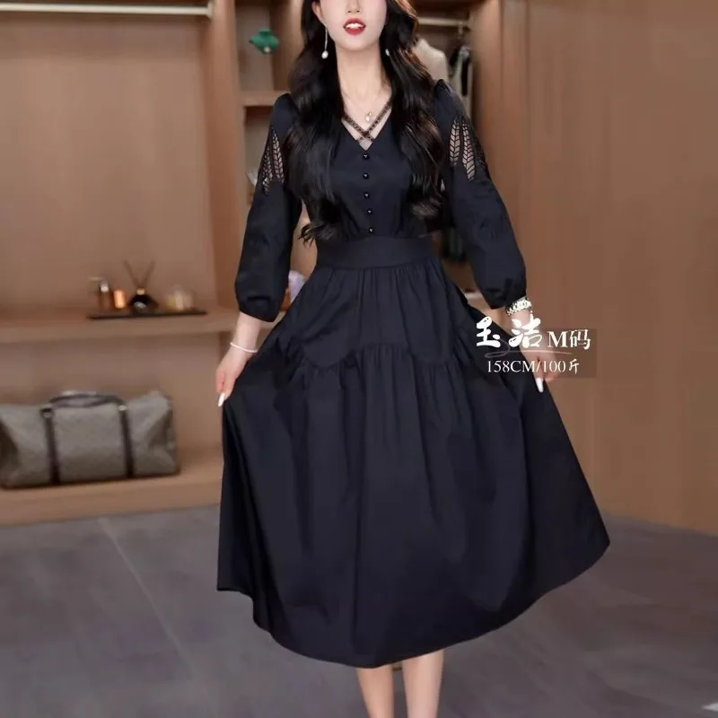

2026 Spring Autumn High End Temperament Hollow Embroidered Dress Women New Fashionable Age Reducing and Slim Medium Length Skirt