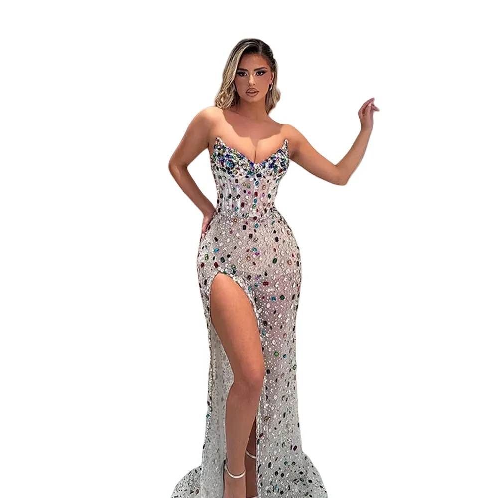 فساتين سهرة كريستالية من التول على شكل قلب فستان حورية البحر المتلألئة بطول الأرض مناسبة خاصة حسب الطلب