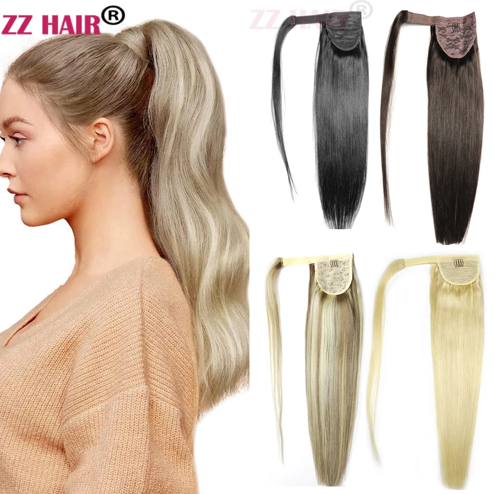 

ZZHAIR 100% Human Hair Extensions 16"-20" Magic Wrap Around Ponytail 70g Clip In Machine Made Remy Horsetail Stragiht
