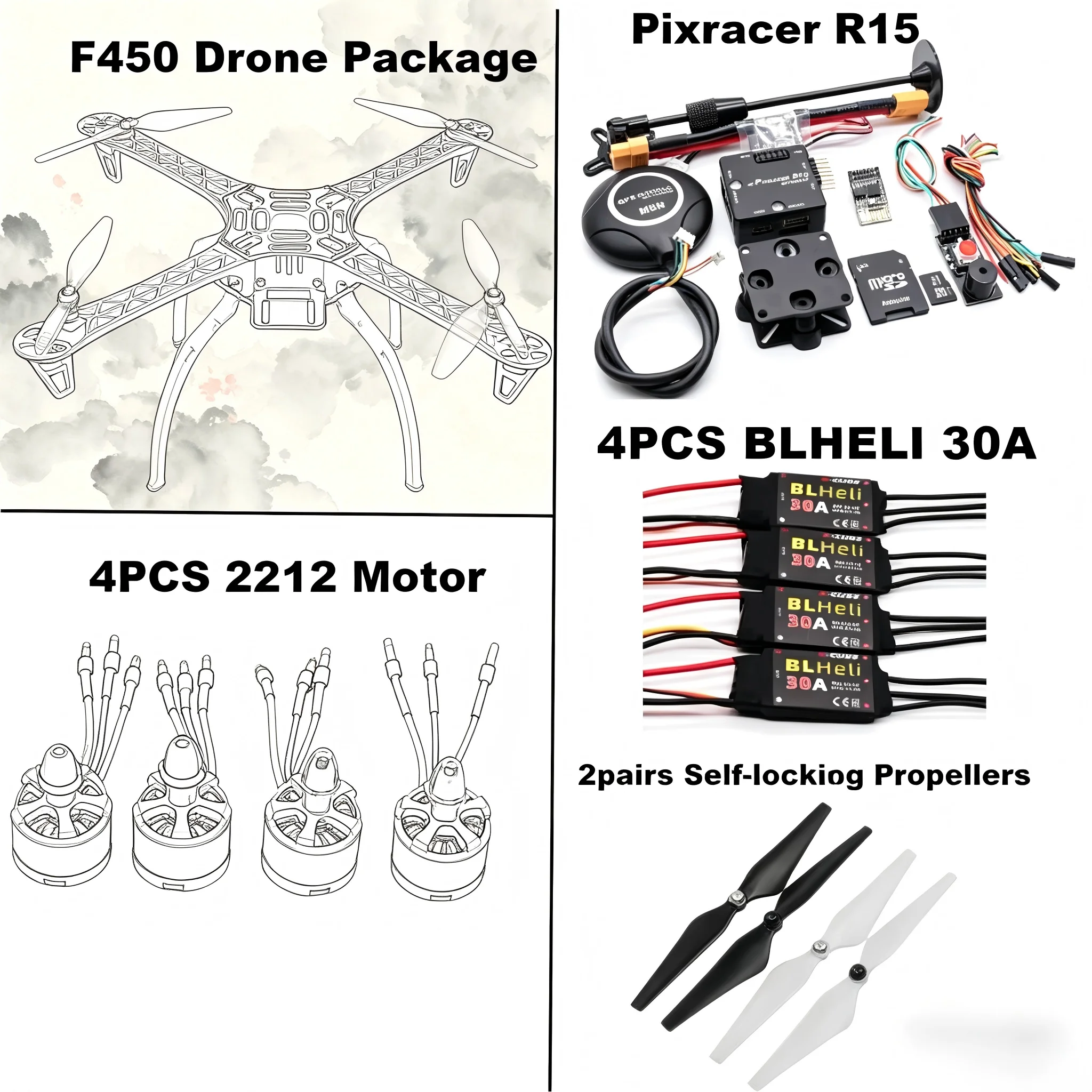 

SkyEye Carbon Fiber 450 Frame Kit Pixracer R15 Flight Control Ardupilot Quadcopter BLHELI 30A ESC 2212 Motor