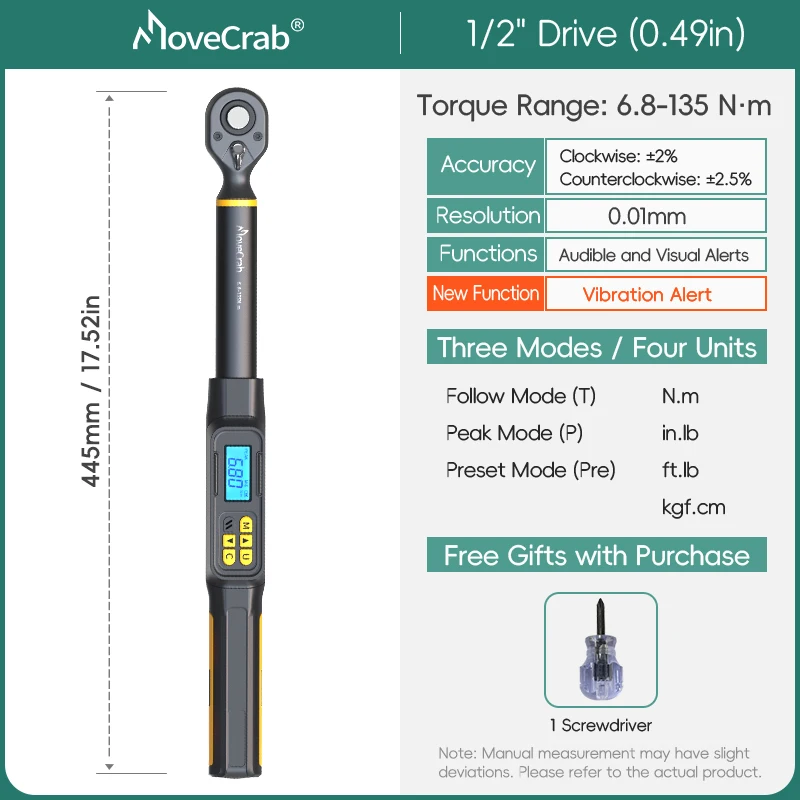 MOVECRAB Serie Digitale Momentsleutel 1,5-340N.m 2% Nauwkeurigheid Voorgeprogrammeerde Waarden met Zoemer, LED-flits & Trillingsmelding op de handgreep