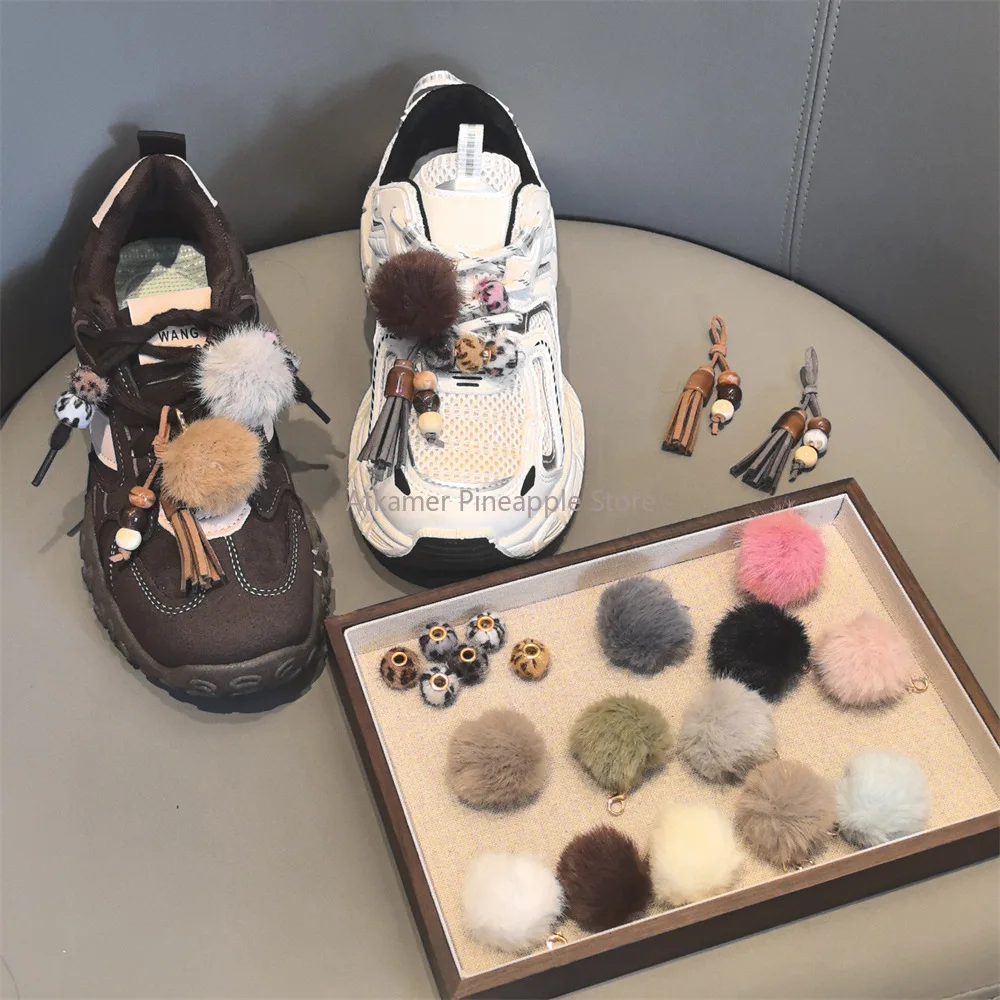 1Pcs  Colourful Pom-pom Tassels Beaded Leopard Print Charms Sneakers Decorations Buckle  Pendant Accessories