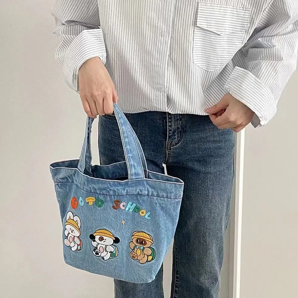 Tas jinjing anjing kartun kelinci tas tangan huruf kain Denim wanita tas makan siang kapasitas besar dompet tas belanja