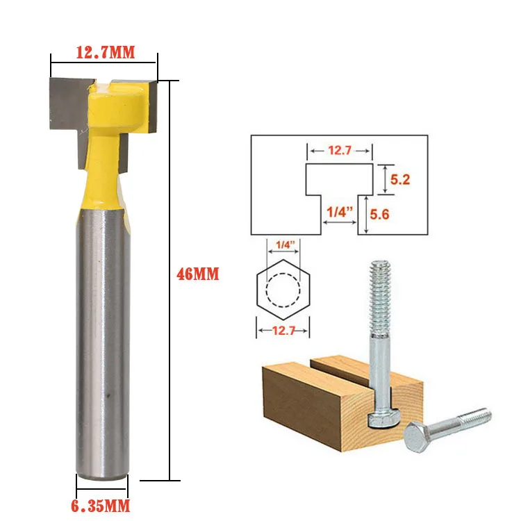 1 pieza 1/2 "12,7 MM 1/4" 6,35 MM cortador de caña tallado de madera ranura en T fresa enrutador broca cortador de carpintería para herramienta eléctrica