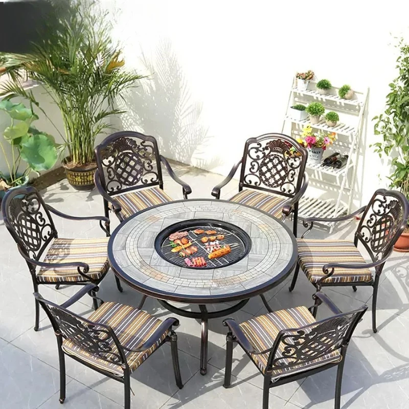 

Leisure villa terrace barbecue table and chairs outdoor garden courtyard barbecue round multi-functional cast aluminum table