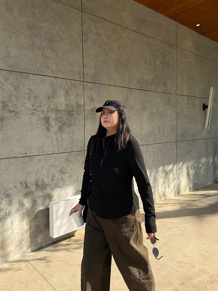 

Свободная повседневная спортивная женская футболка больших размеров с эффектом похудения, на молнии, с воротником-стойкой, длинным рукавом, весна-лето, модная