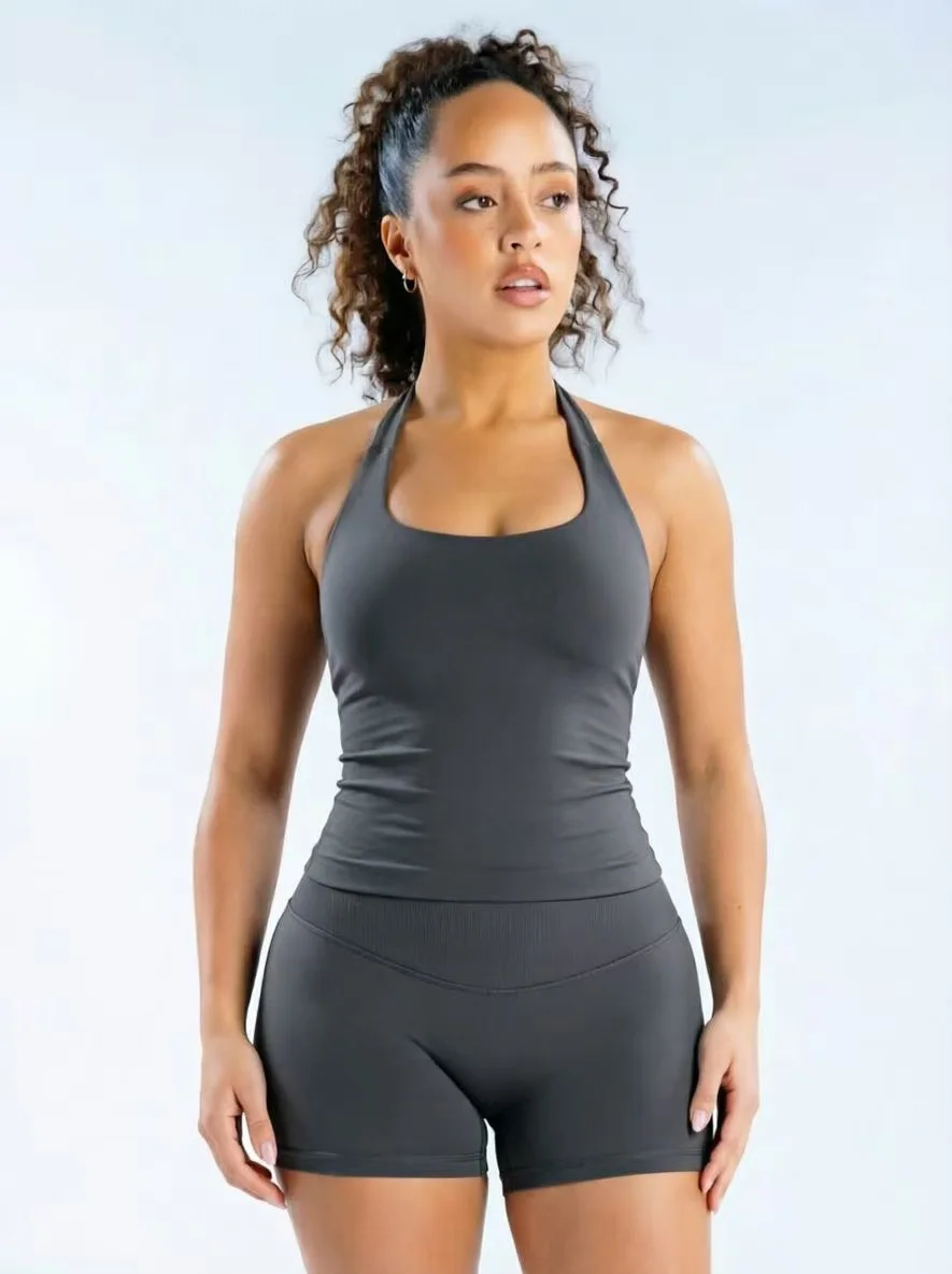 Workout Yoga 2-Teiliges Damen 3-Lagiges Neckholder Sportoutfit, Hochelastisches Nahtloses Gepolstertes Cami-Tanktop & Passende Shorts Set – Detail 14