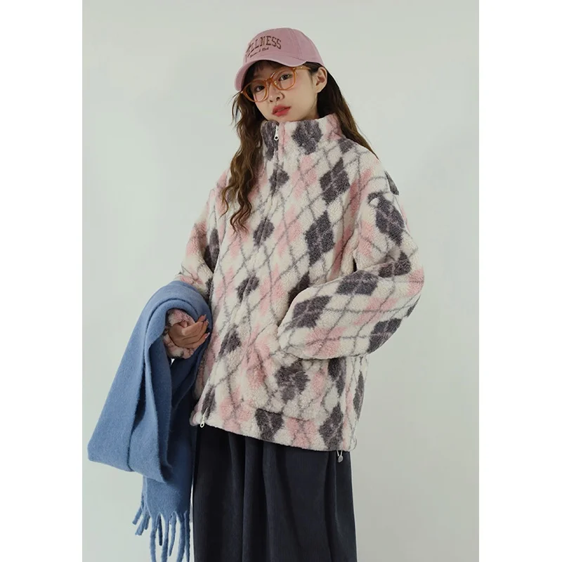 

Thiened Fce Lined Diamond Pattern Stand Collar Jaet New Autumn Winter Women's Sweet Sle Loose Fit ort Outerwear