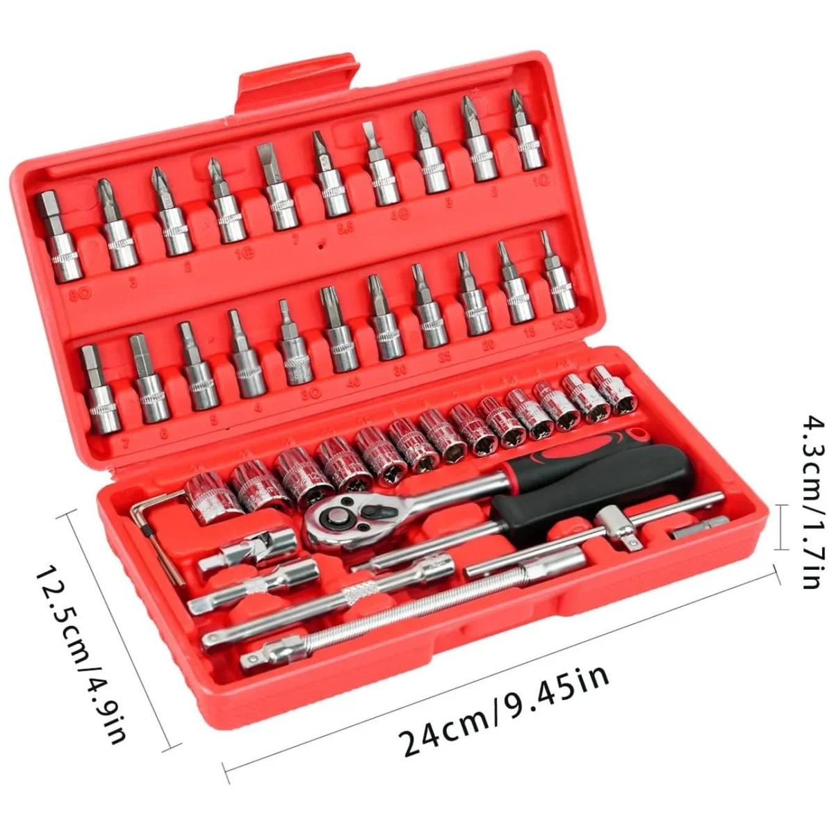 46 Pcs 1/4” Drive Socket Ratchet Wrench Set with Storage Case, Includes Metric Bit Socket Set and Extension Bar for Auto Repair