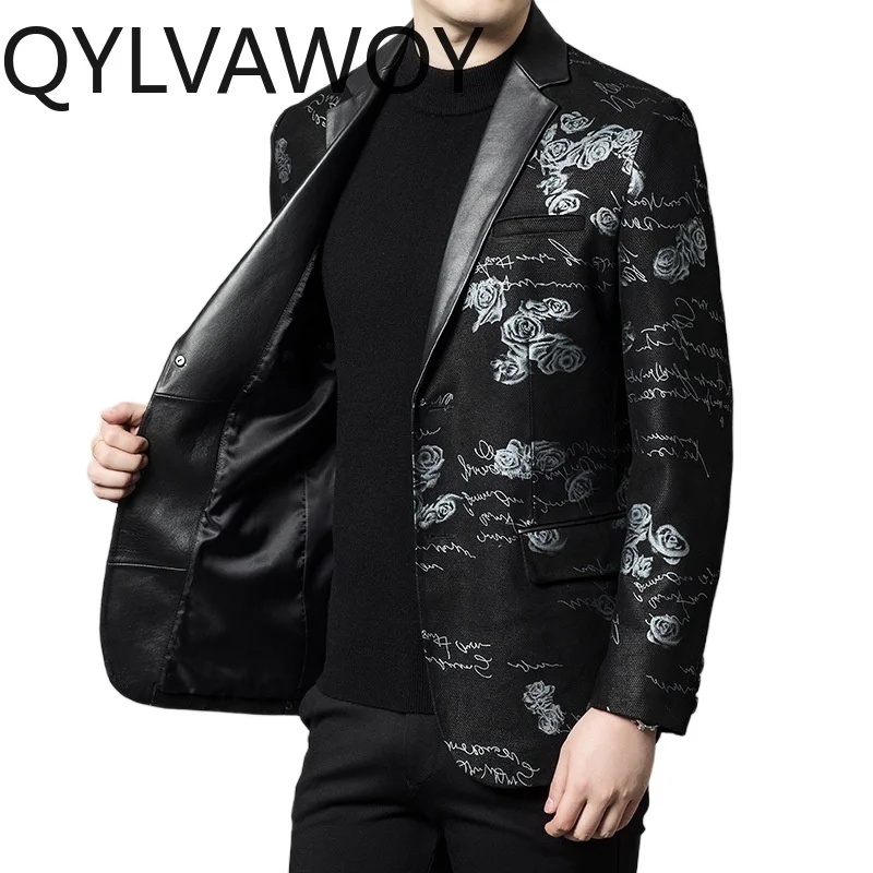 

QYLVAWOY Real Leather Jackets Man Sheepskin Blazer Masculino Printed Leather Coats Blazer for Man Clothing Business Мотокуртка