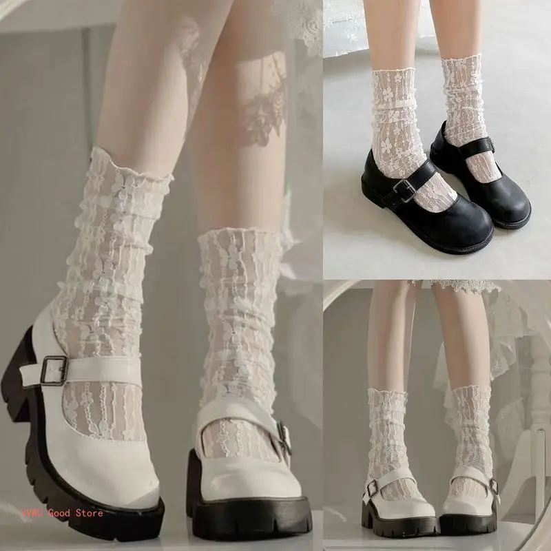 Women Japanese Mesh Lace Socks Sweet Floral Jacquard See Through Summer Thn Tulle Tube Hosiery