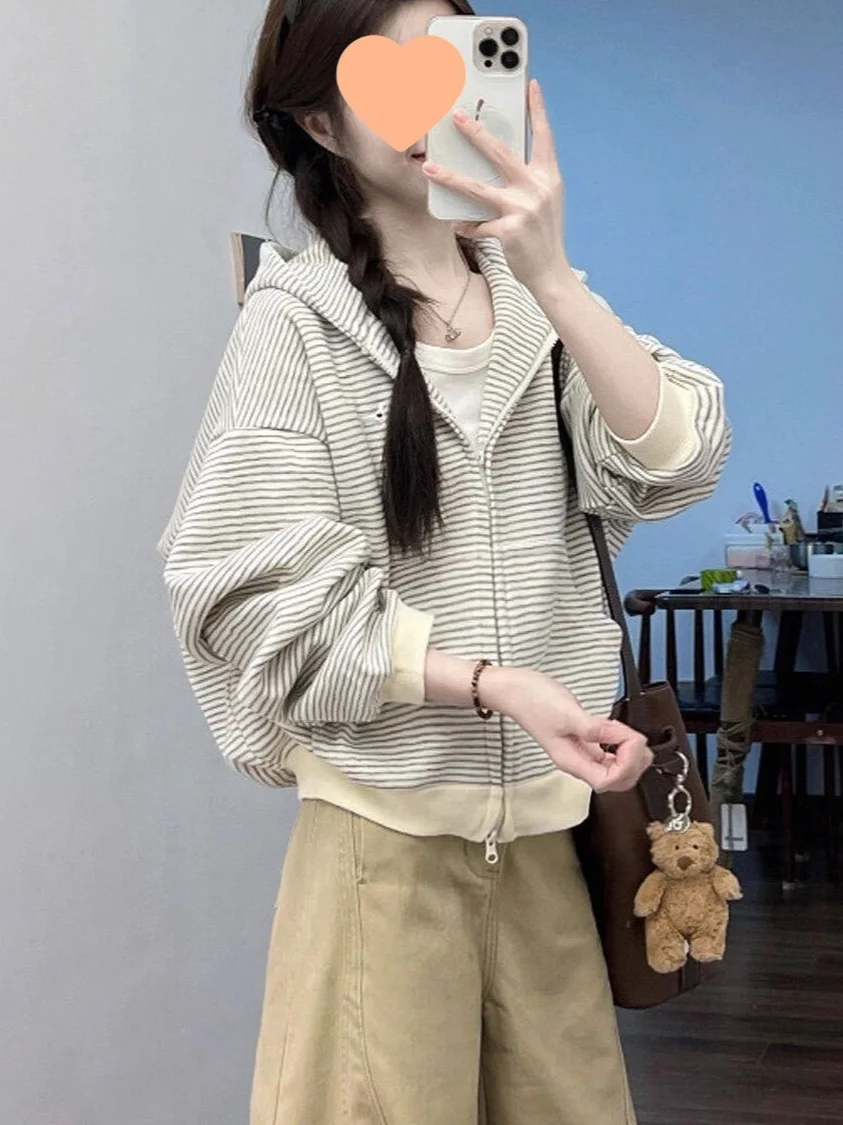 Korean Lazy Style Striped Zipper Hoodie Jacket Women's Early Spring New All-Match Slimming Open Cardigan Top