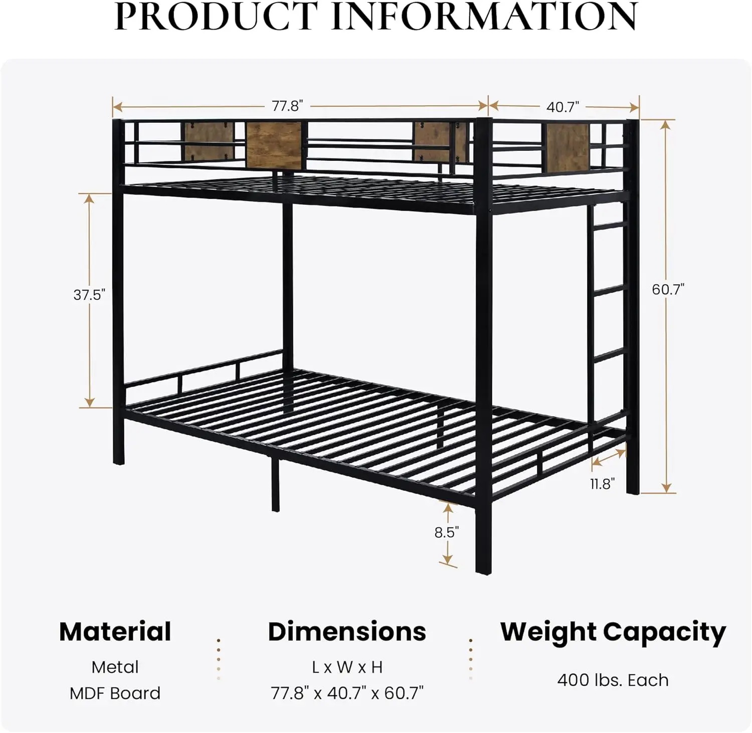 SHA CERLIN Bunk Bed Twin Over Twin Size with Ladder and Full-Length Guardrail, Metal, Storage Space, No Box Spring Needed, Noise