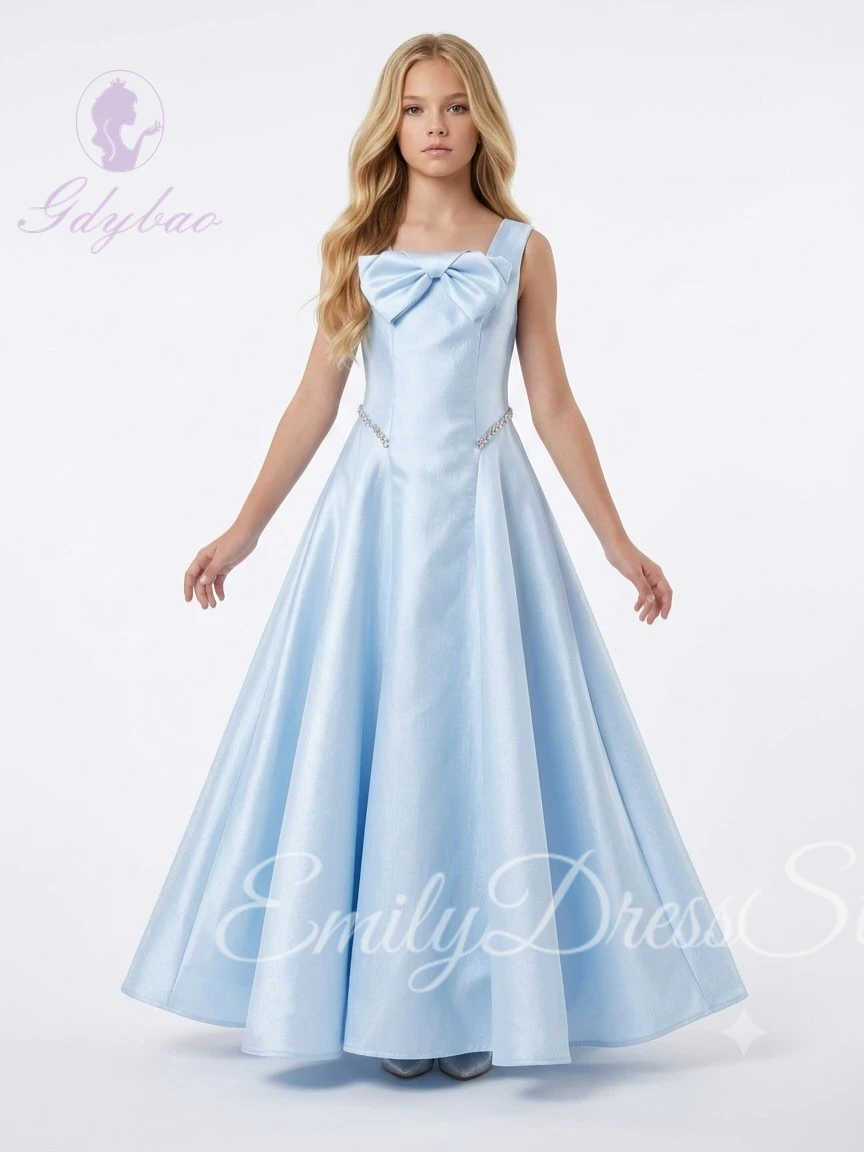 Customized Blue Flower Girl Dress For Wedding Satin Beaded Sleeveless Puffy Princess Cute Kids Birthday First Communion Gown