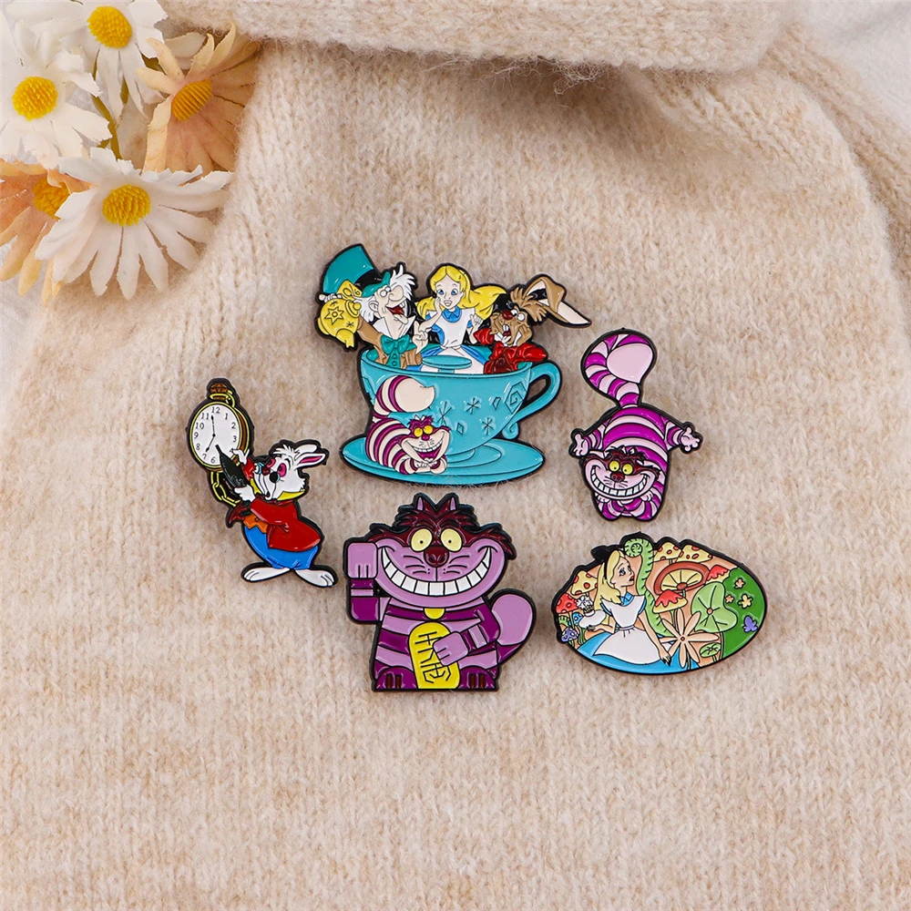 MINISO Alice in Wonderland Cheshire cat The White Rabbit Cosplay Costume Metal Badge Pin Alloy Brooch Accessories