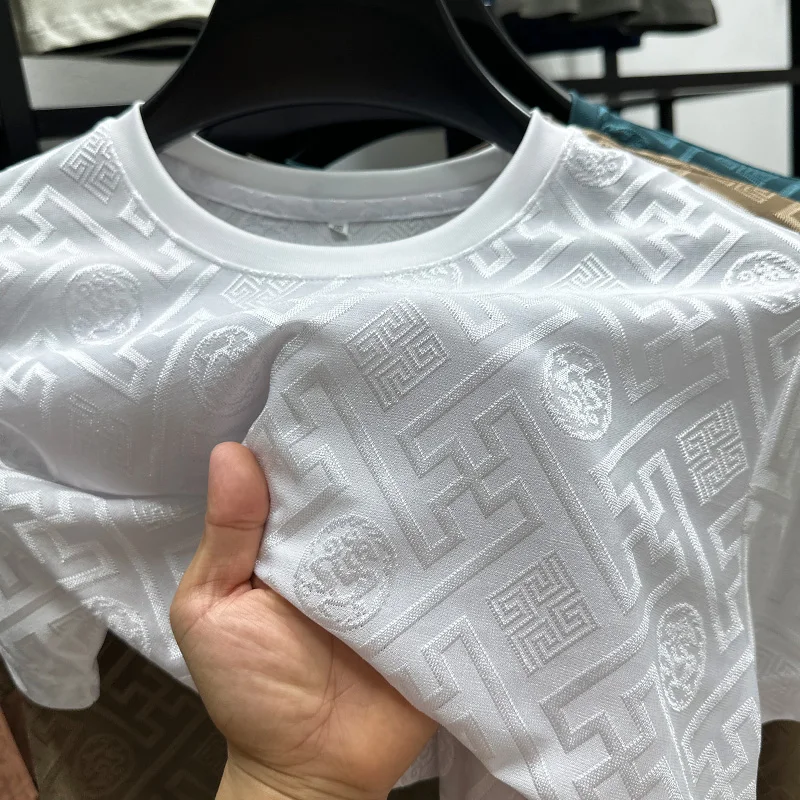 Camiseta de Verano de Lujo para Hombre, Nueva, de Diseñador, Estampada, de Seda Helada, Casual, Cuello Redondo, Manga Corta, Sin Costuras, Transpirable, Fresca, Ropa Masculina