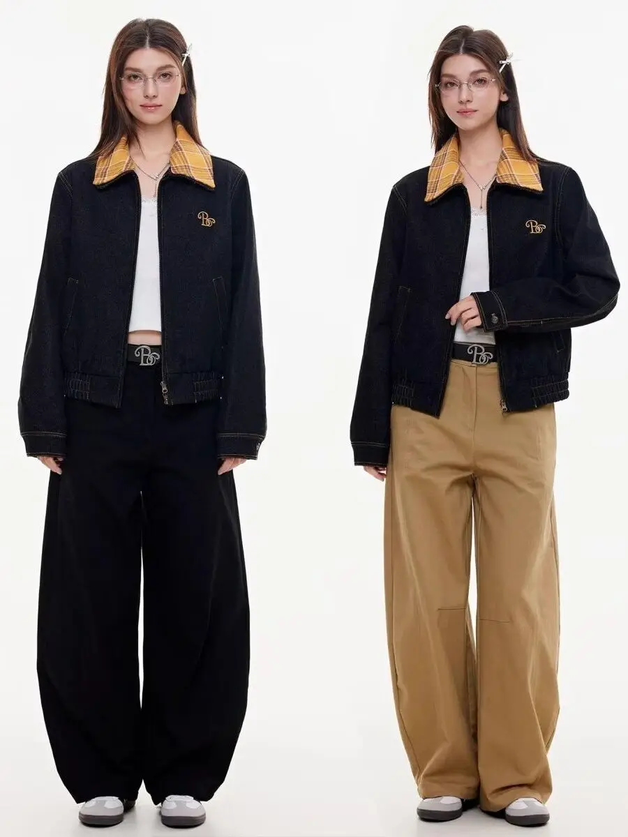 

American Retro Denim Jaet Loose Casual ex Spring Autumn New Sle Versatile Workwear Jaet Trendy Fake Two-Piece