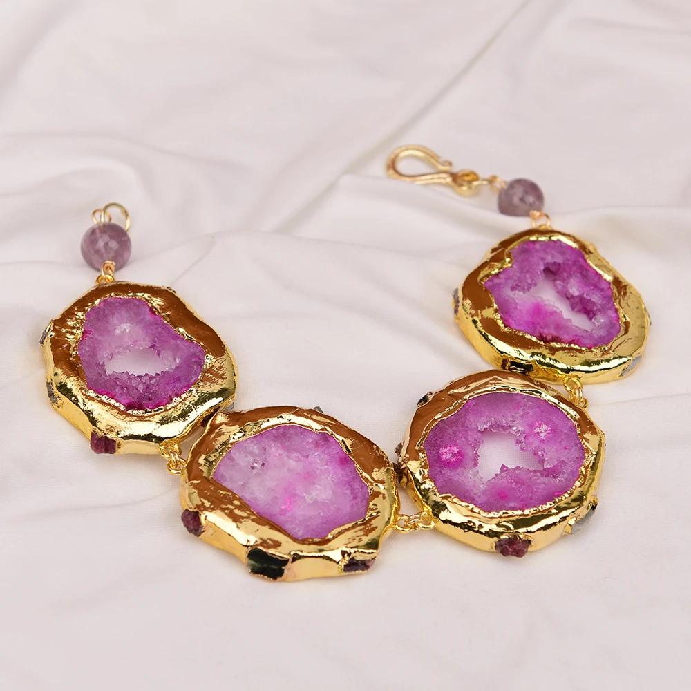 GG Big Natural Rose Agate Slice With Quartz Paved Tourmaline Amethyst Bracelet Bangle