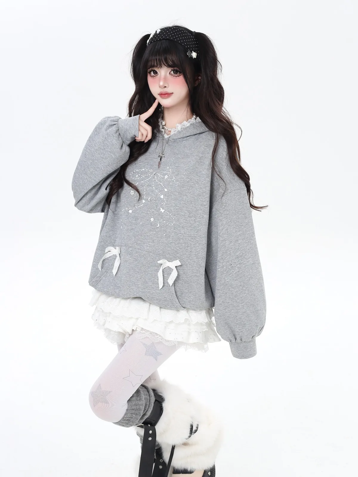 Fashion Street Sweet Cool Girl Rhinestone Bow Lace Patchwork Hoodies Long Sleeve Loose Casual Versatile Short Sweatshirts Women
