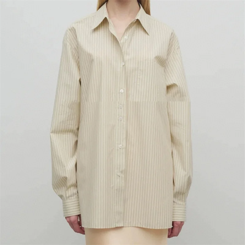 

Women's shirt New asymmetrical slim fit lapel long sleeved top for autumn 2025 High quality pure cotton stripe Women's blouse