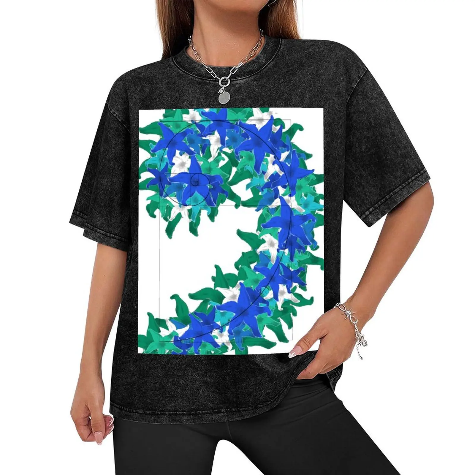 Blue-Green Floral Golden Ratio Spiral T-Shirt gifts for boyfriend custom shirt plus size men clothing