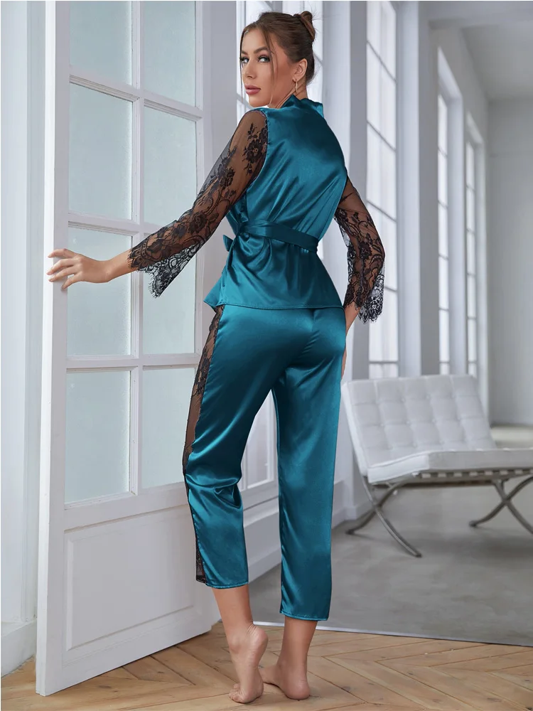 Damen Satin Pyjama Set wunderschöne Ärmel Top mit Hose Kontrast Spitze Lounge Wear aushöhlen 2 stücke Nachtwäsche