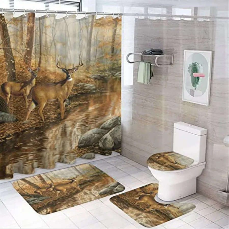 

Rustic Cabin Wildlife Deer 4 Piece Shower Curtain Set with Non-Slip Rugs Toilet Lid Cover and Bath Mat in Brown Durable Waterpr