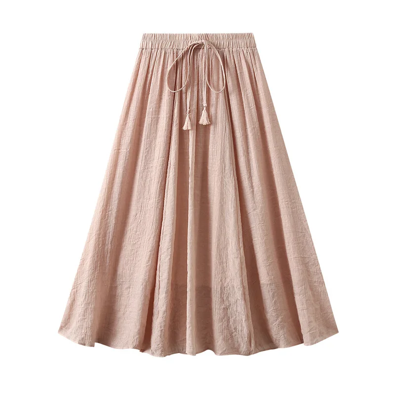 Jupe Midi en Coton et Lin à Double Couche pour Femme, Taille Haute, Vintage, Solide, à Lacets, Nouvelle Collection Été 2024