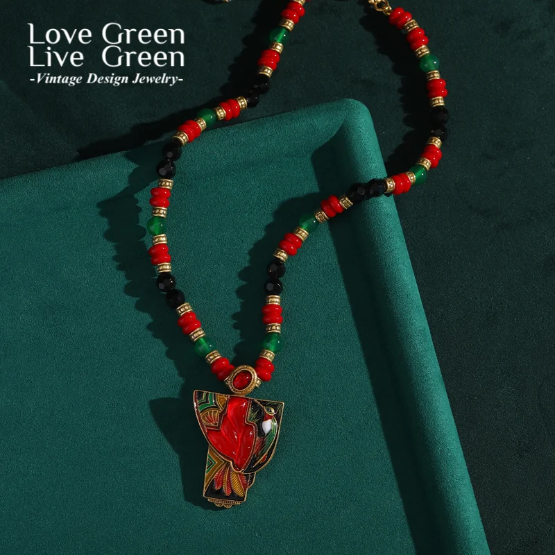 

Vintage Colorful Glass Beads Necklace For Woman Red Glaze Bird Drop Pendant Elegant Luxury Quality Jewelry Retro Antique 2025