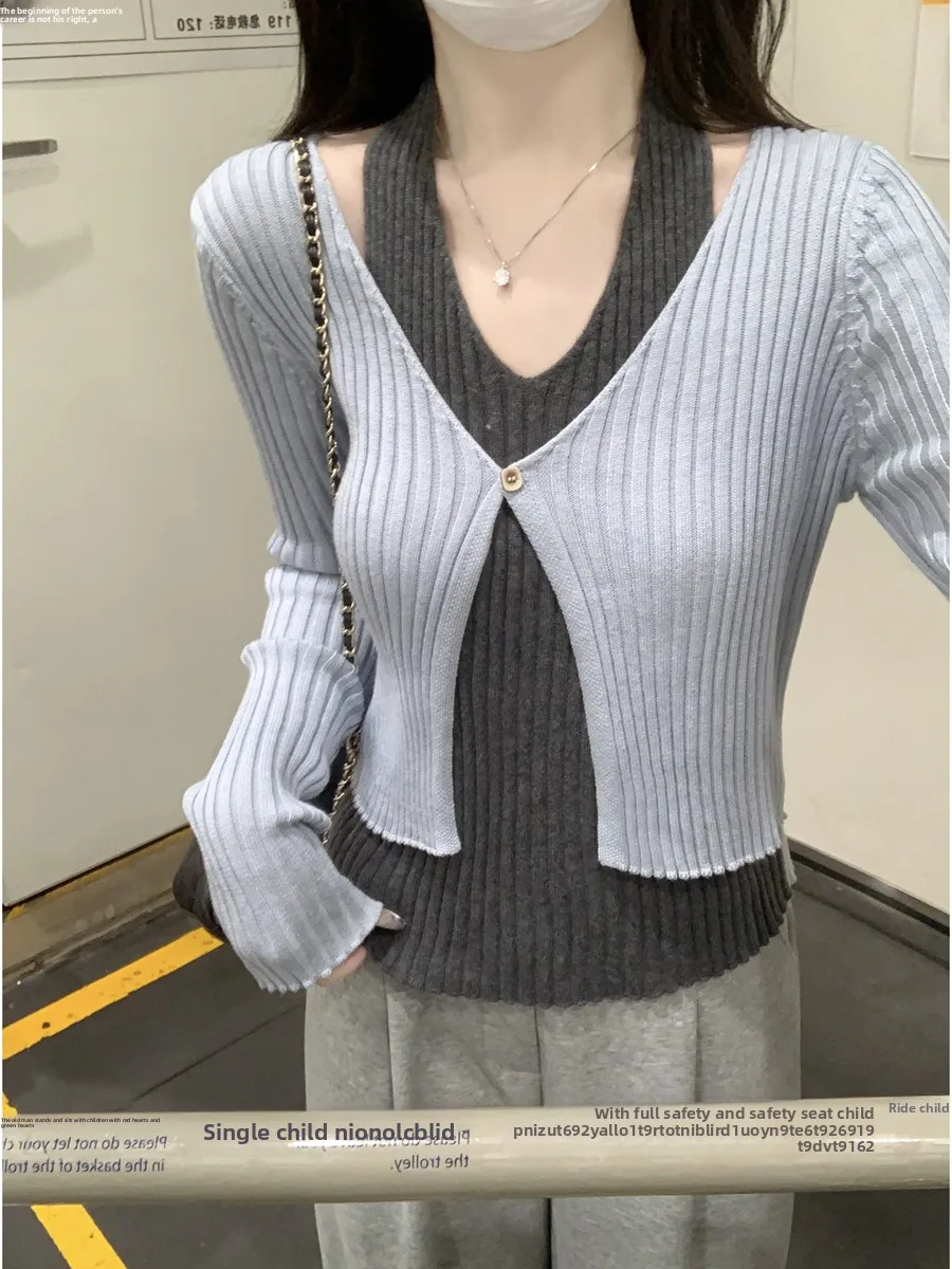 韓国 Sle V-Ne ニットセーター レディース インナーウェア Ne ハンギング フェイク ツーピース 痩身 トレンディ 秋冬 新着